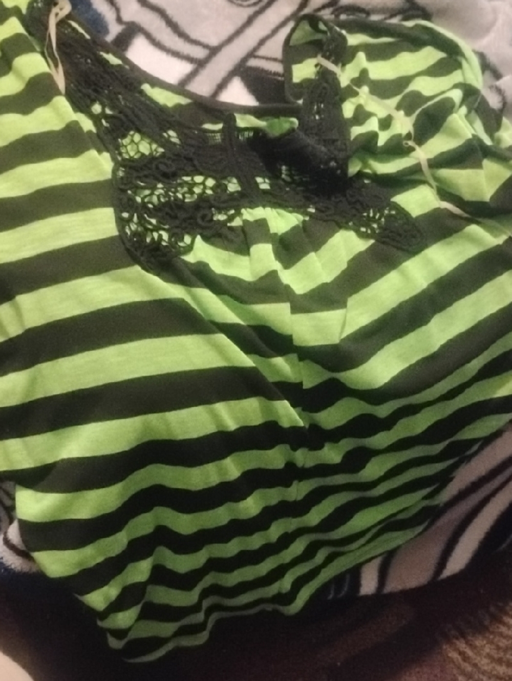 Striped Neon Green & Black Crochet Neck Tank Top